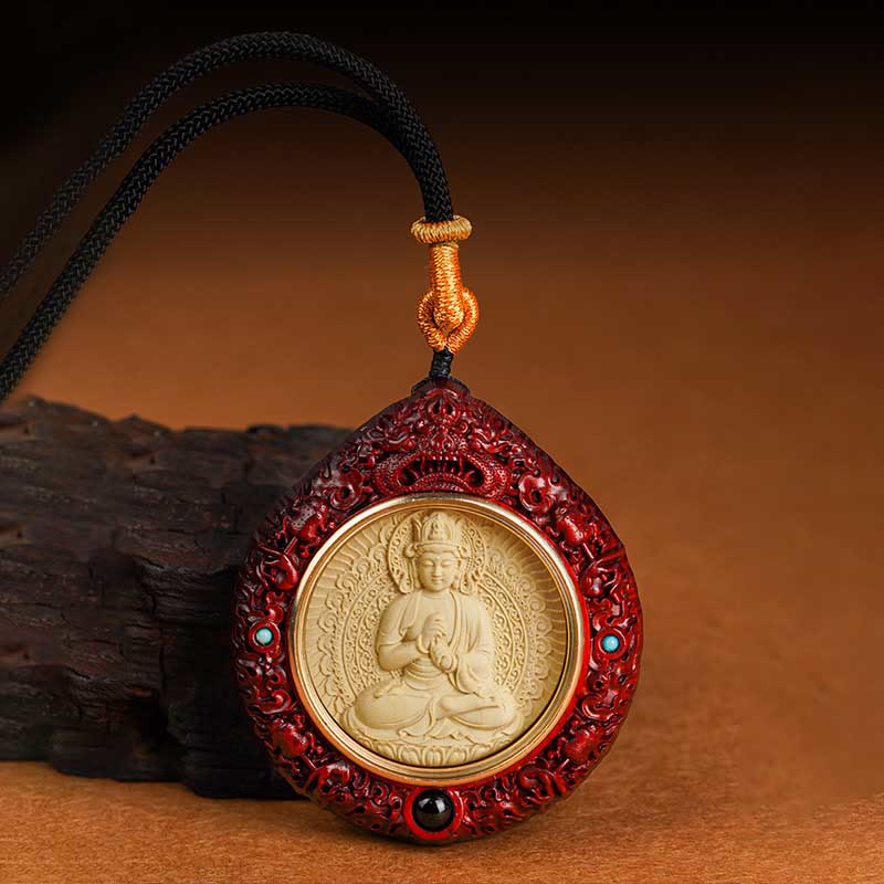 Collier du zodiaque chinois avec pendentif Avalokitesvara et bois de santal rouge