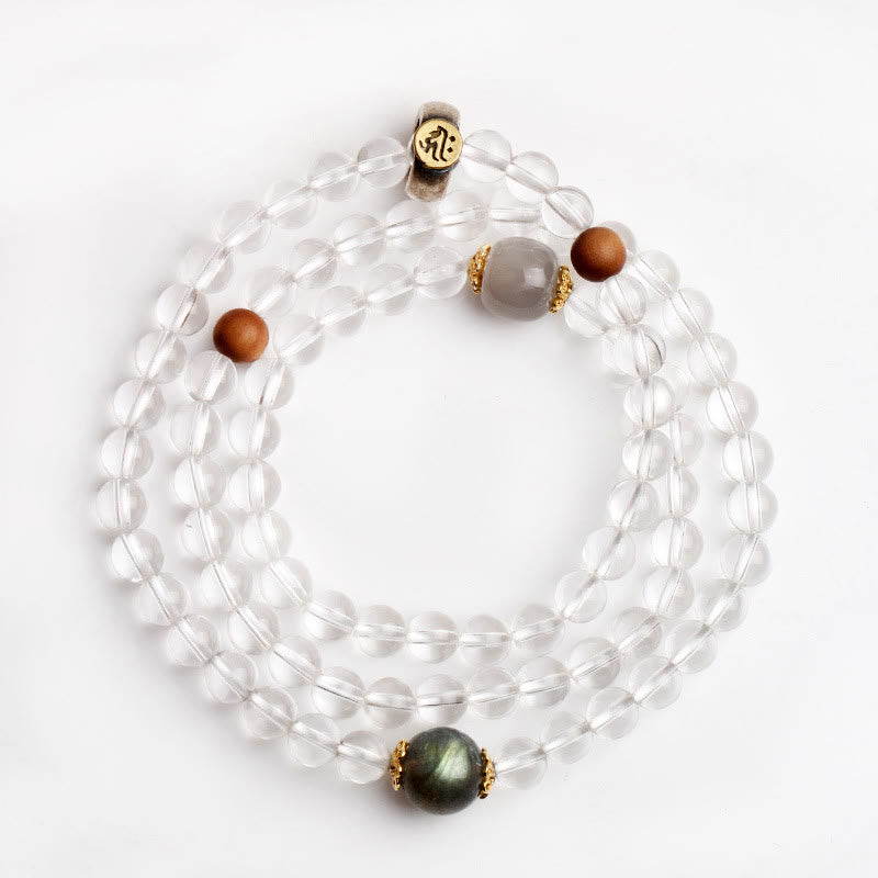 Bracelet triple tour zodiaque chinois en argent sterling 925 et cristal blanc