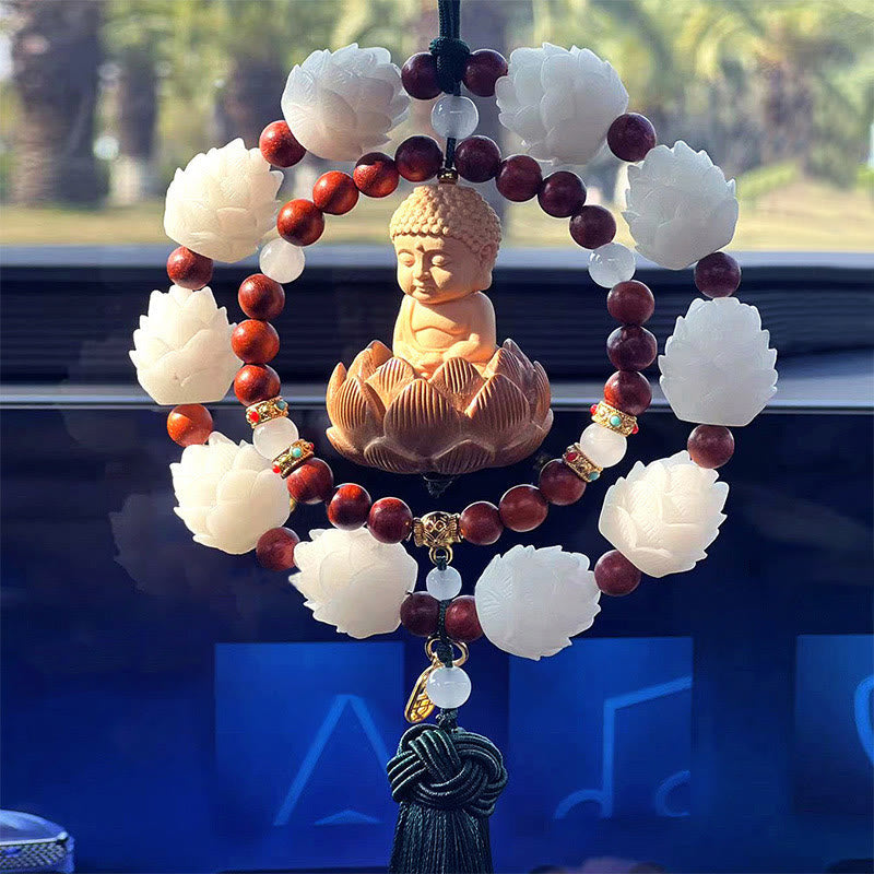 Décoration suspendue pour voiture en forme de lotus Bouddha en cinabre et buis