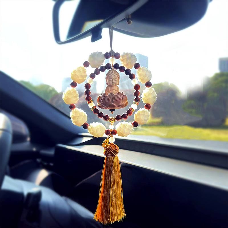 Décoration suspendue pour voiture en forme de lotus Bouddha en cinabre et buis