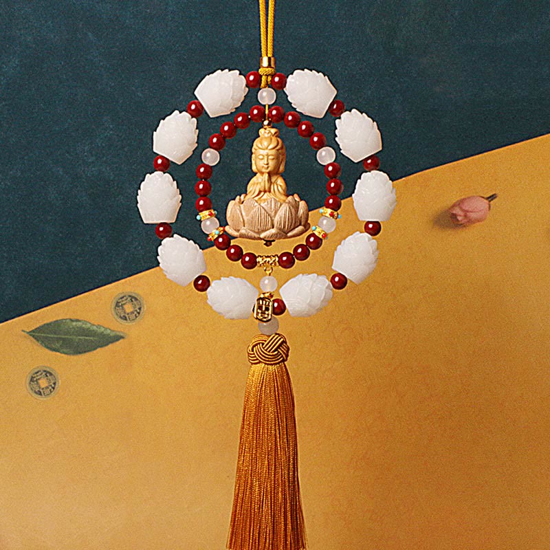 Décoration suspendue pour voiture en forme de lotus Bouddha en cinabre et buis