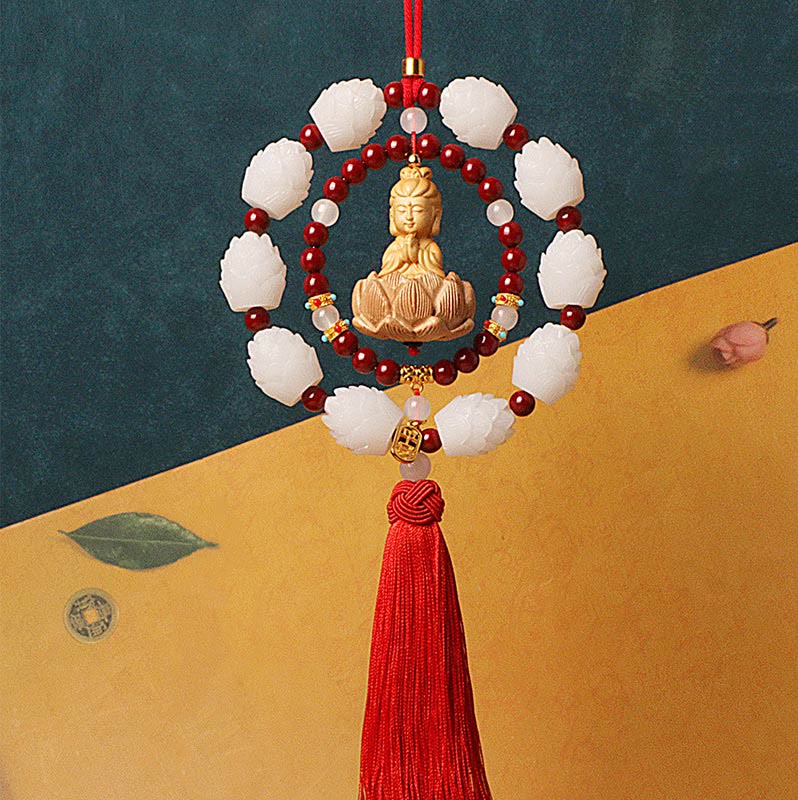 Décoration suspendue pour voiture en forme de lotus Bouddha en cinabre et buis