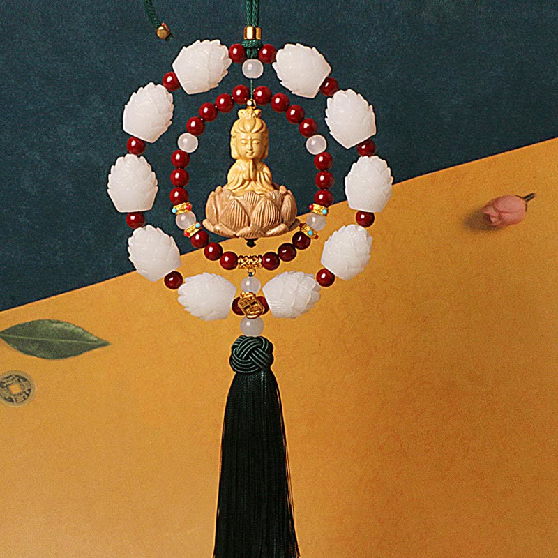 Décoration suspendue pour voiture en forme de lotus Bouddha en cinabre et buis