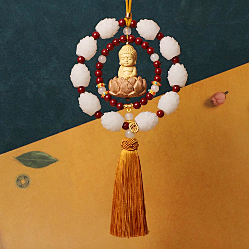 Décoration suspendue pour voiture en forme de lotus Bouddha en cinabre et buis