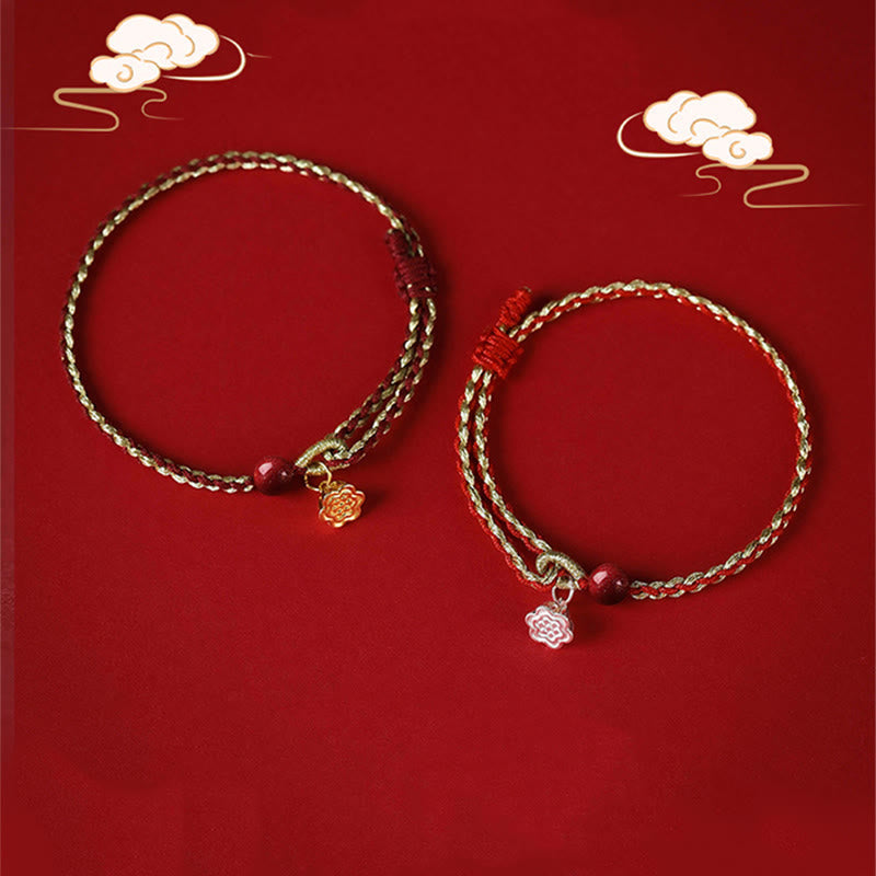 Bracelet en cinabre avec tresse de bénédiction en argent lotus 6 mm