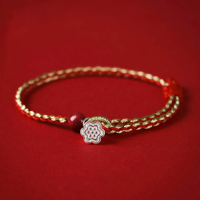 Bracelet en cinabre avec tresse de bénédiction en argent lotus 6 mm