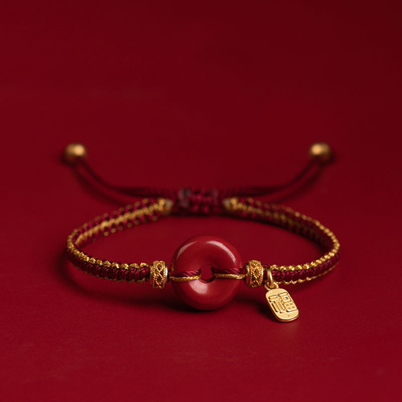 Bracelet tressé en cinabre avec boucle de paix et breloque Fu