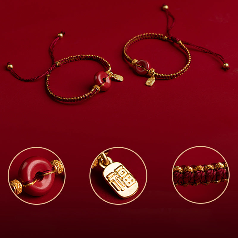 Bracelet tressé en cinabre avec boucle de paix et breloque Fu
