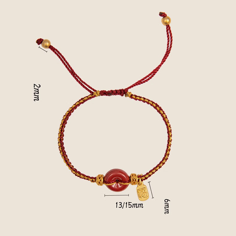 Bracelet tressé en cinabre avec boucle de paix et breloque Fu