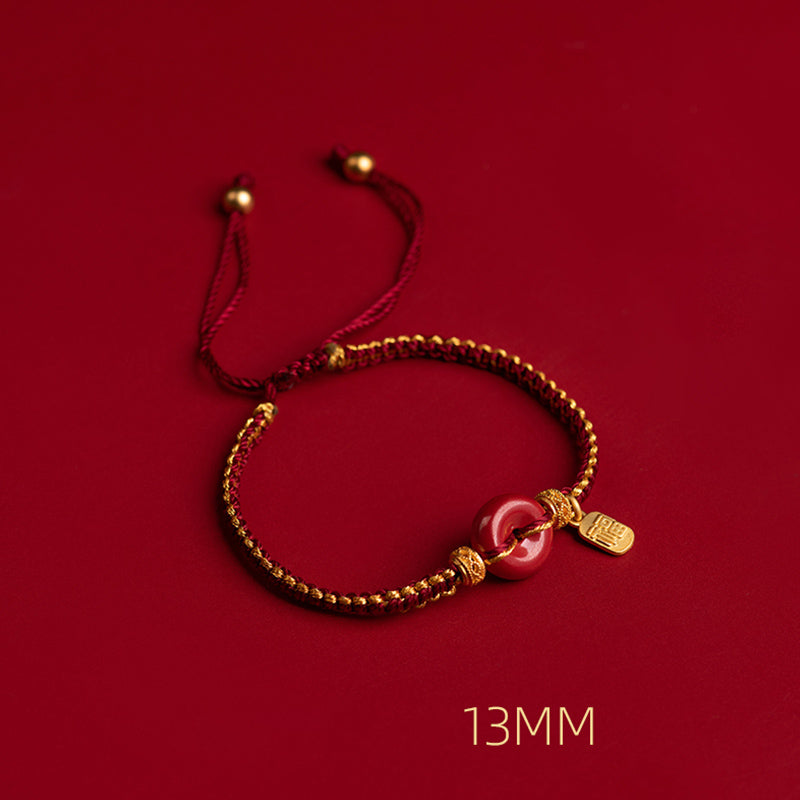 Bracelet tressé en cinabre avec boucle de paix et breloque Fu