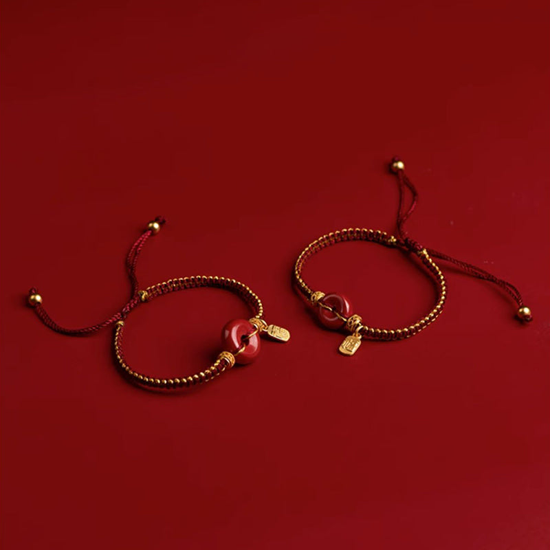 Bracelet tressé en cinabre avec boucle de paix et breloque Fu