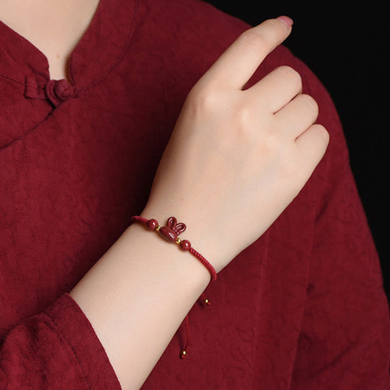 Bracelet porte-bonheur en cinabre avec motif du zodiaque chinois Lapin 14-17 cm