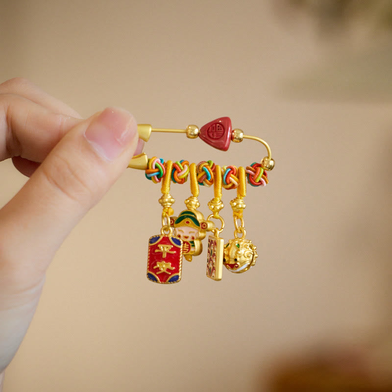 Broche Caishen en cuivre cinabre avec le personnage Fu pour la richesse et la protection