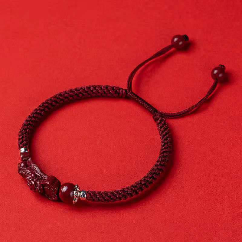 Bracelet tressé Pixiu en cinabre pour la richesse et la chance | Fabriqué à la main