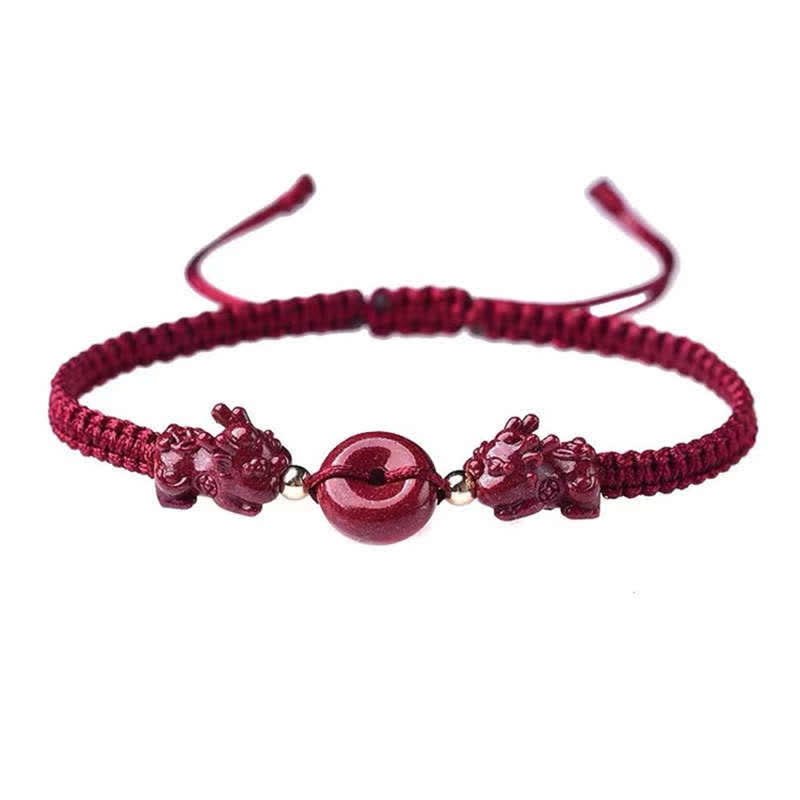 Bracelet en fil rouge avec pièce de cuivre Cinabre Pixiu pour la richesse