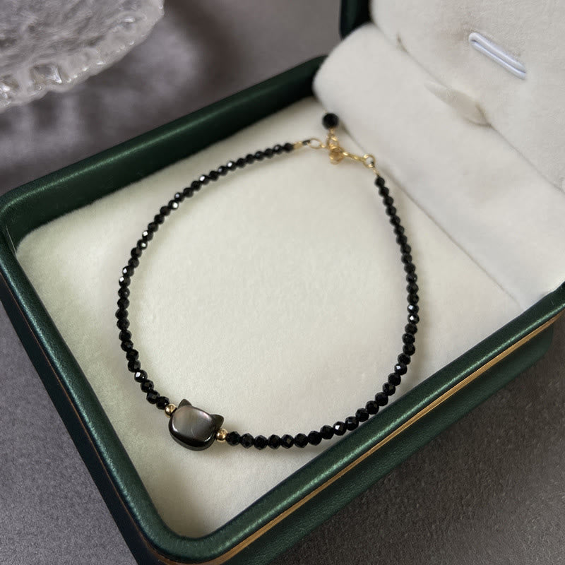 Bracelet en quartz transparent avec cristal blanc et breloque chat guérisseur plaquée or 14 carats