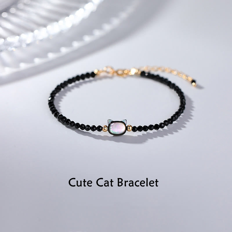 Bracelet en quartz transparent avec cristal blanc et breloque chat guérisseur plaquée or 14 carats