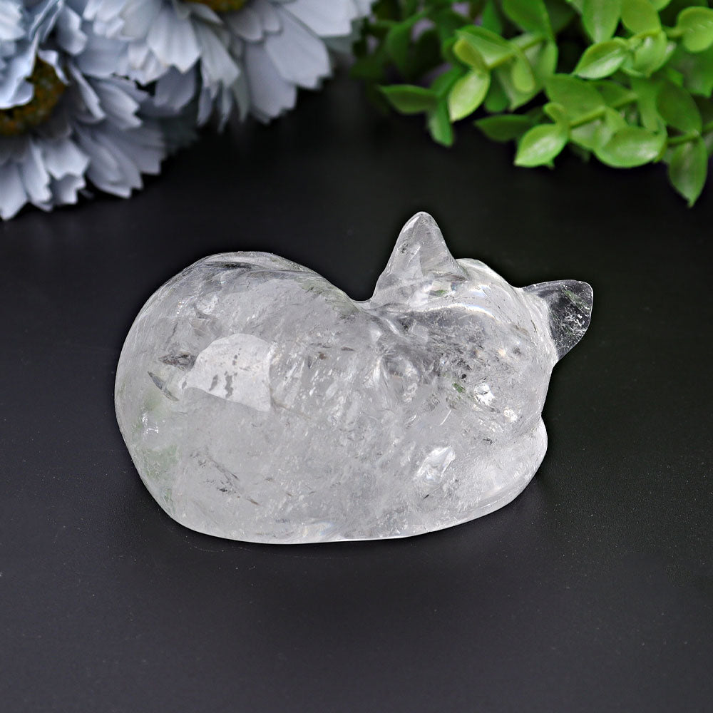 Figurine en cristal de quartz transparent représentant un chat endormi, 5,3 cm