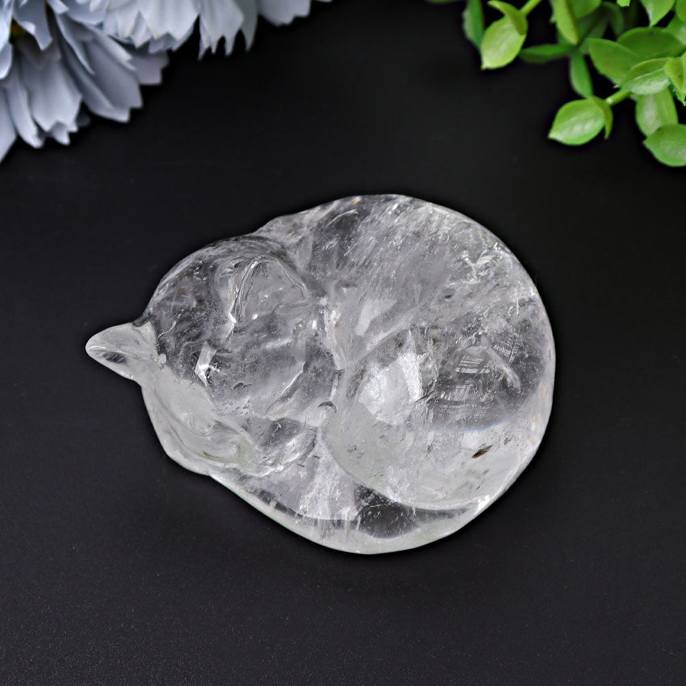 Figurine en cristal de quartz transparent représentant un chat endormi, 5,3 cm