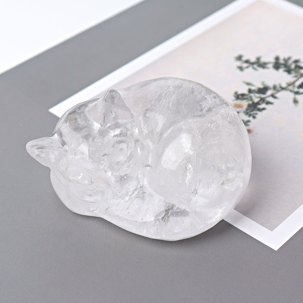Figurine en cristal de quartz transparent représentant un chat endormi, 5,3 cm