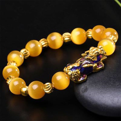 Bracelet PiXiu à changement de couleur avec œil de chat en chrysobéryl