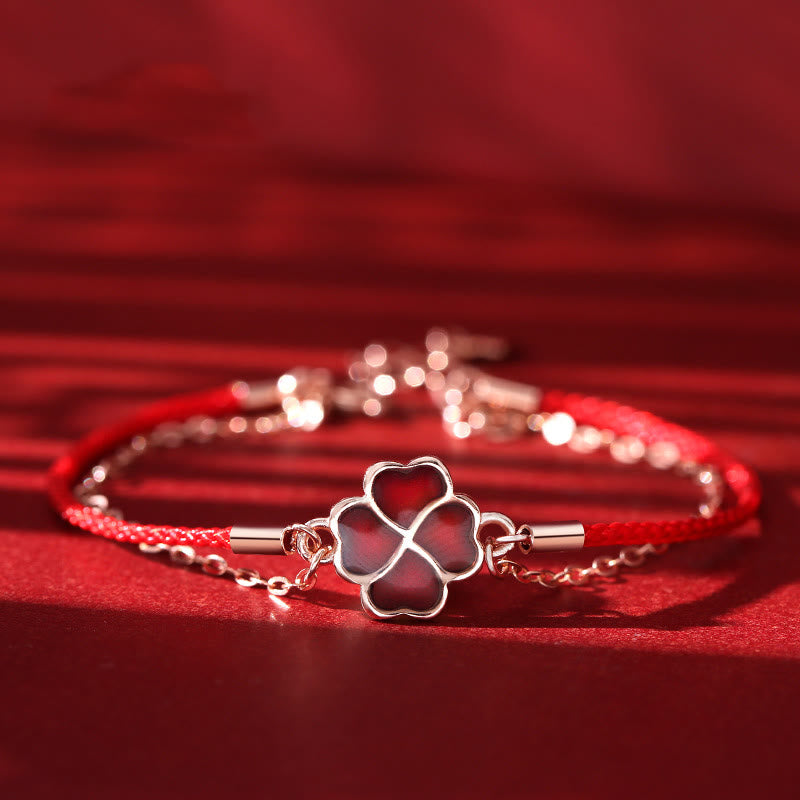 Bracelet porte-bonheur en argent 925 avec fil rouge et trèfle à quatre feuilles changeant de couleur
