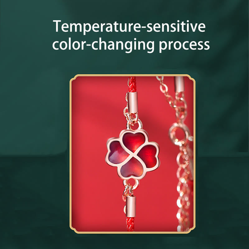 Bracelet porte-bonheur en argent 925 avec fil rouge et trèfle à quatre feuilles changeant de couleur