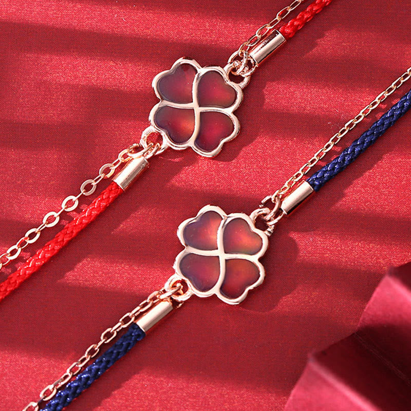 Bracelet porte-bonheur en argent 925 avec fil rouge et trèfle à quatre feuilles changeant de couleur