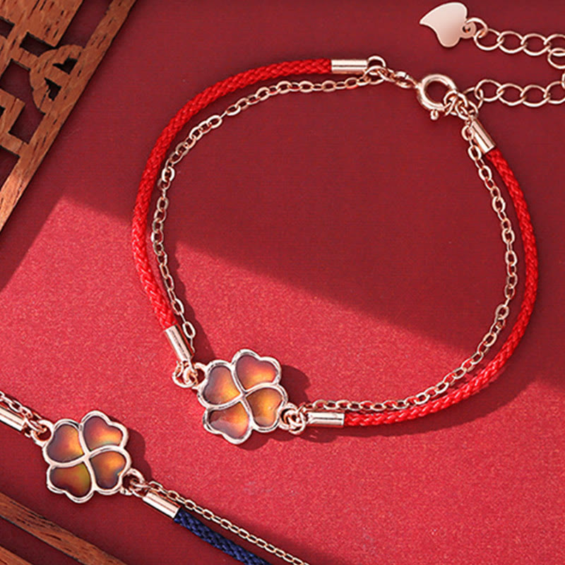 Bracelet porte-bonheur en argent 925 avec fil rouge et trèfle à quatre feuilles changeant de couleur