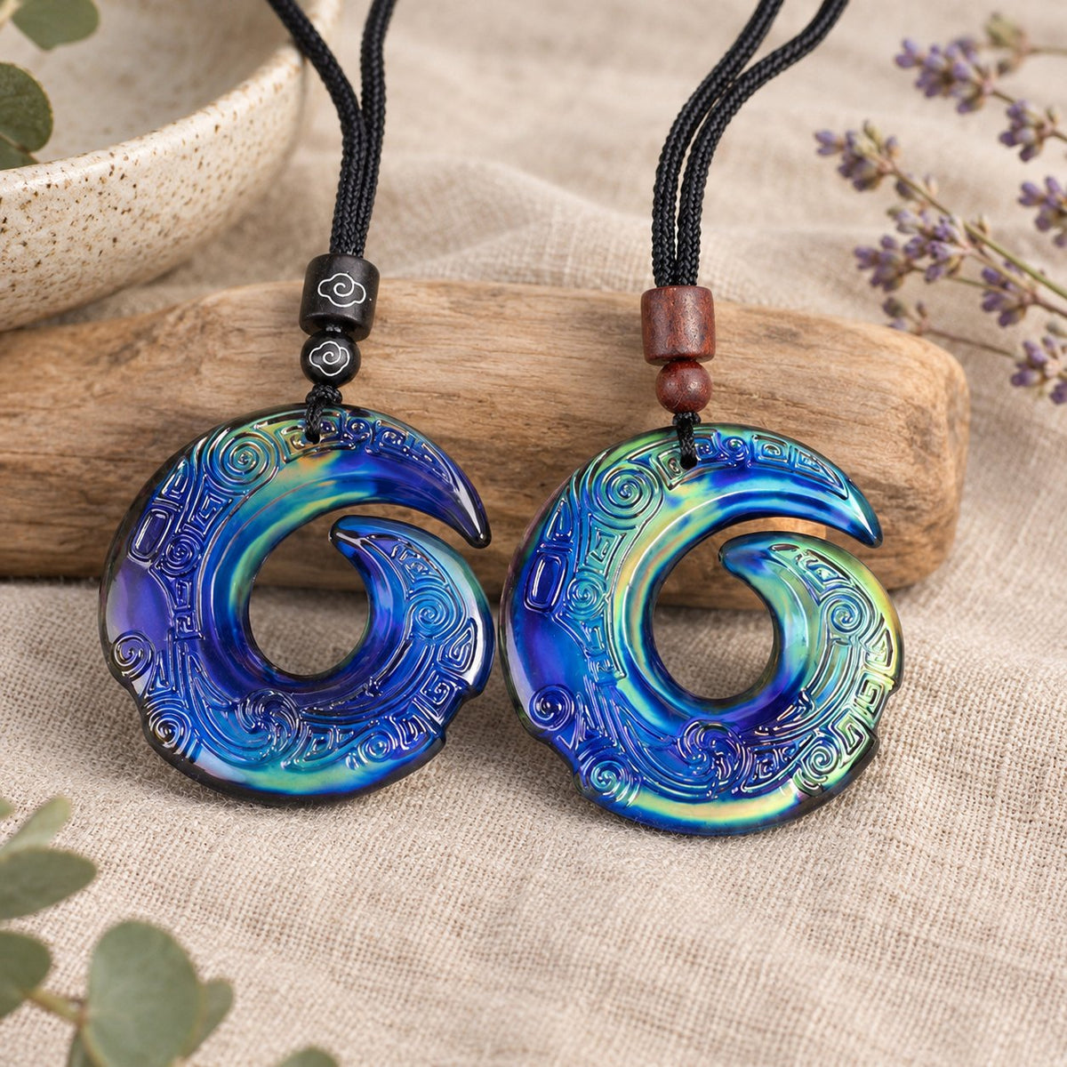 Color-Changing Liuli Crystal Necklace, cloud and sandalwood pendants together