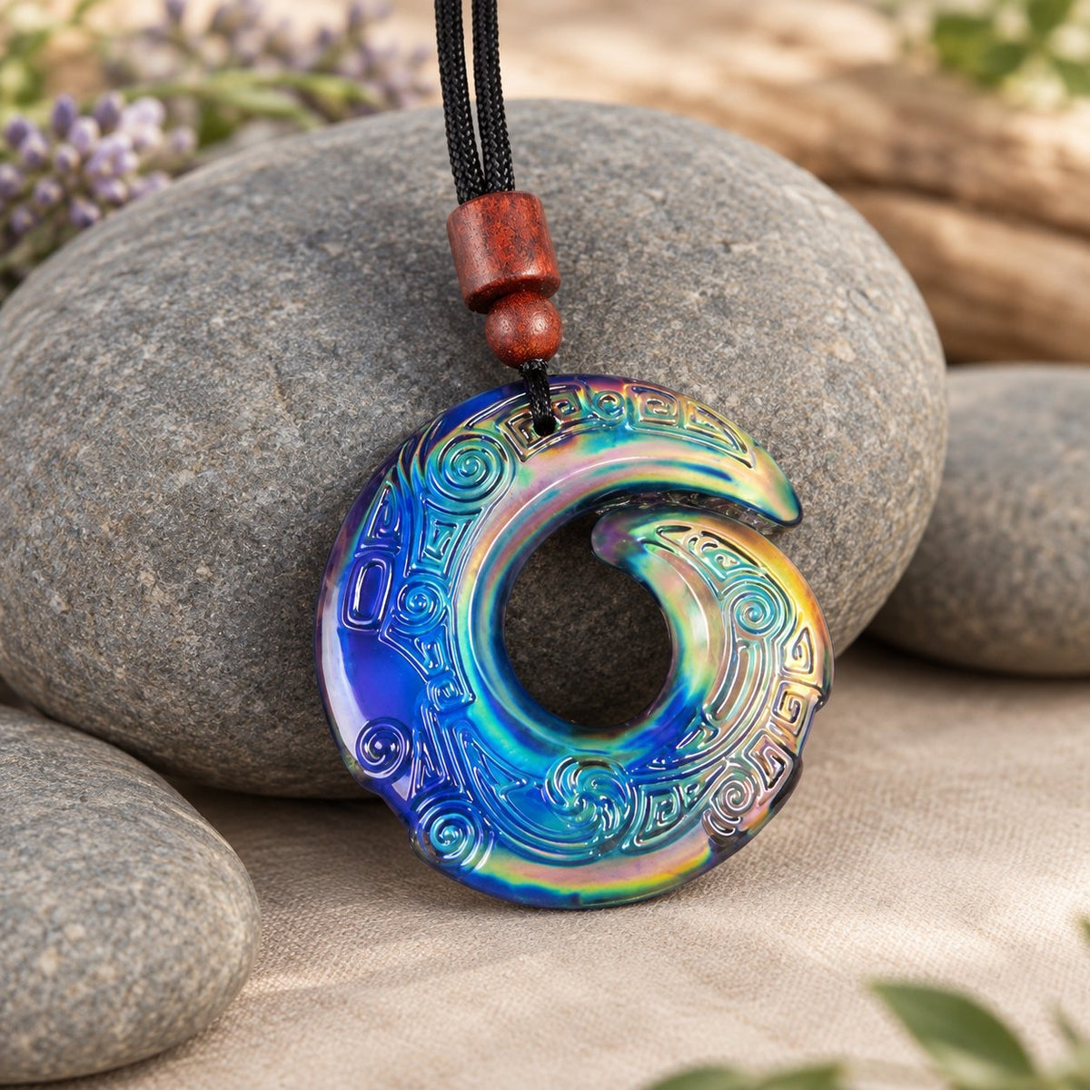 Color-Changing Liuli Crystal Necklace, sandalwood-rope pendant