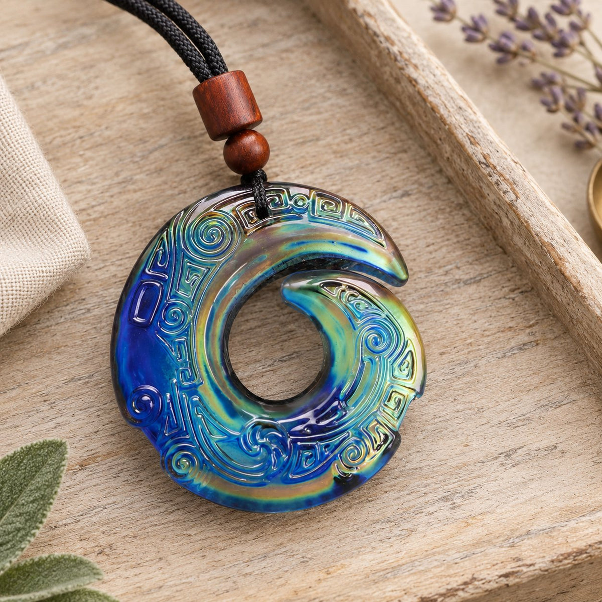Color-Changing Liuli Crystal Necklace, sandalwood-rope pendant close-up