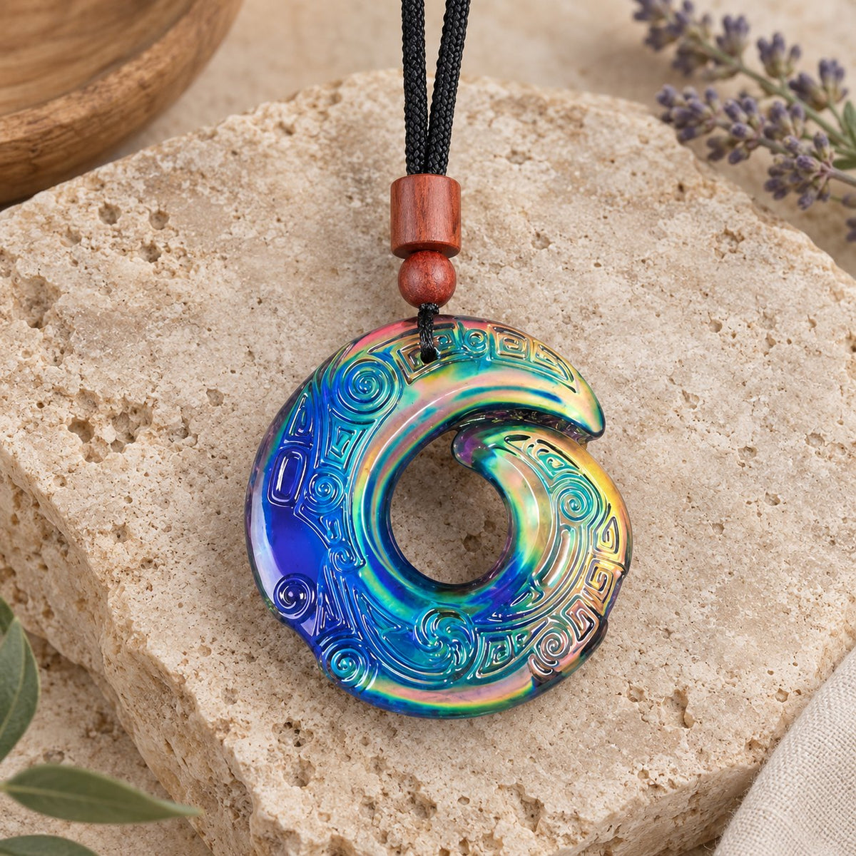 Color-Changing Liuli Crystal Necklace, sandalwood-rope pendant