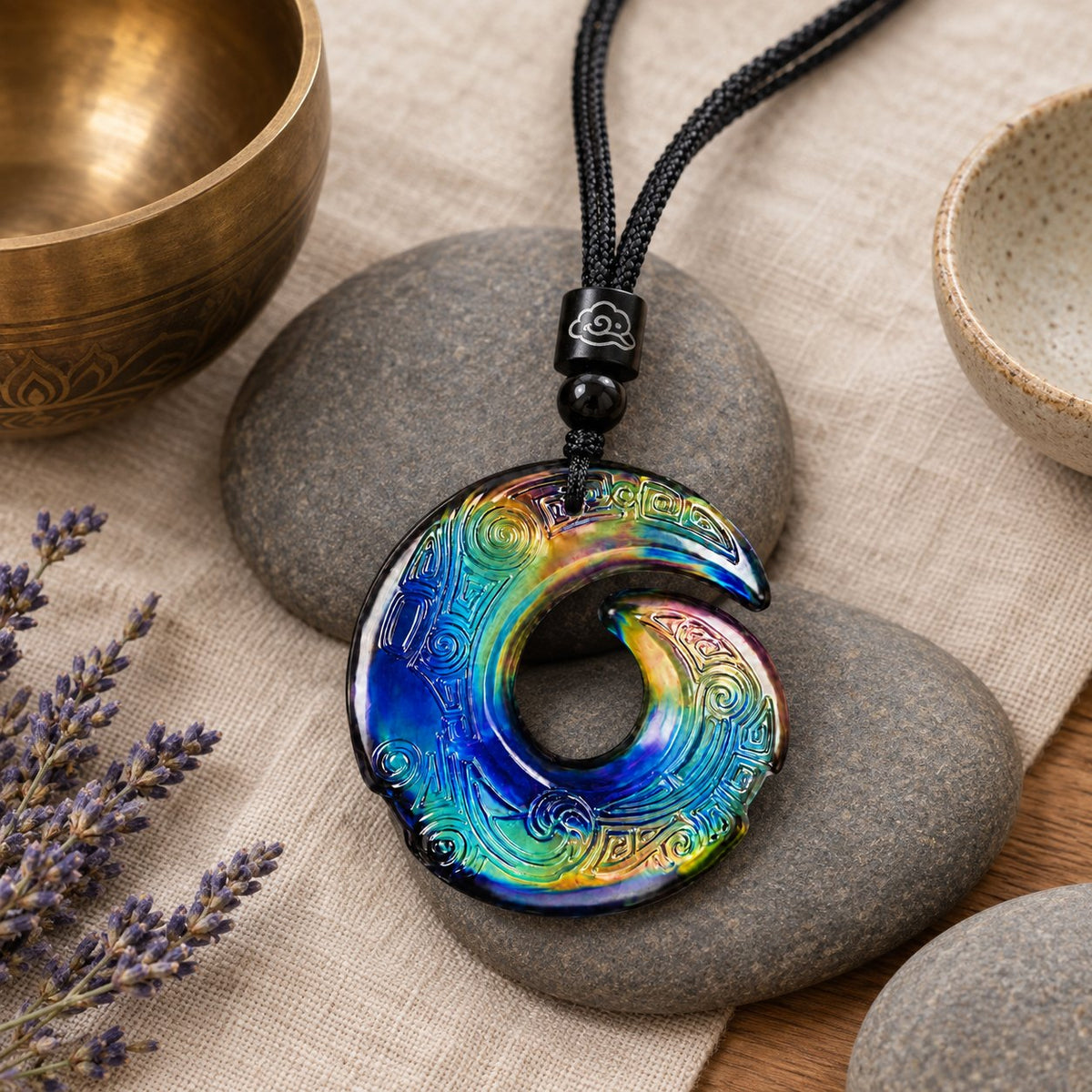 Color-Changing Liuli Crystal Necklace, styled with a singing bowl and lavender