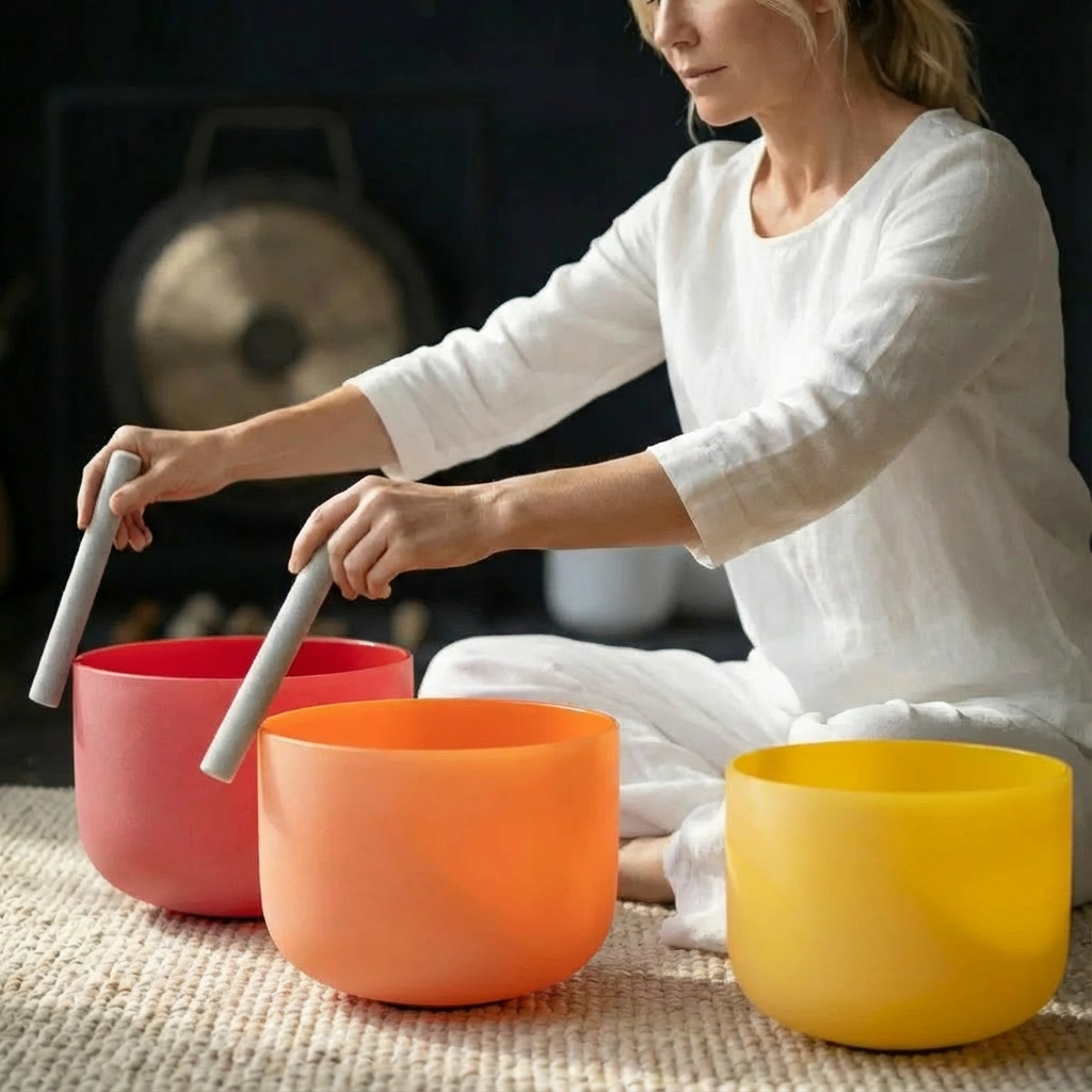 Ensemble de bols chantants en cristal de chakra coloré - 7 pièces de 6 à 14 pouces