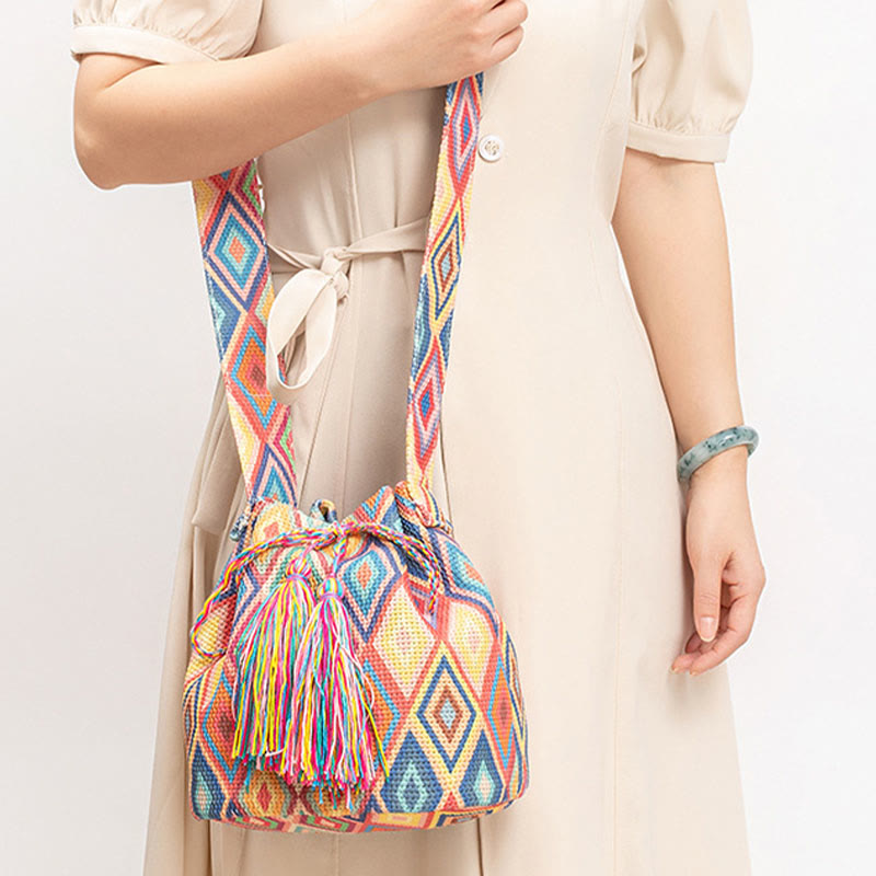 Sac seau en toile colorée avec imprimé géométrique et fleurs