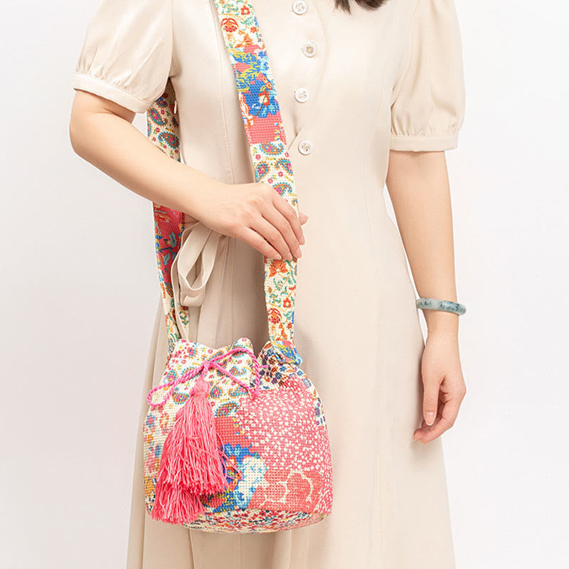 Sac seau en toile colorée avec imprimé géométrique et fleurs