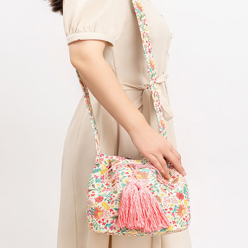 Sac seau en toile colorée avec imprimé géométrique et fleurs