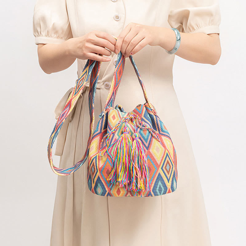 Sac seau en toile colorée avec imprimé géométrique et fleurs