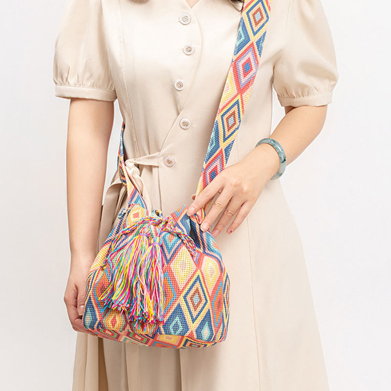 Sac seau en toile colorée avec imprimé géométrique et fleurs