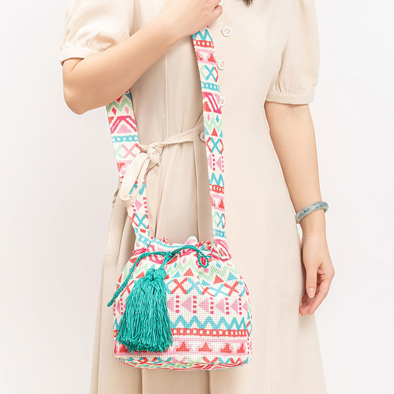 Sac seau en toile colorée avec imprimé géométrique et fleurs