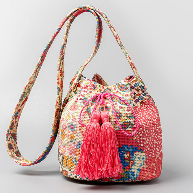 Sac seau en toile colorée avec imprimé géométrique et fleurs