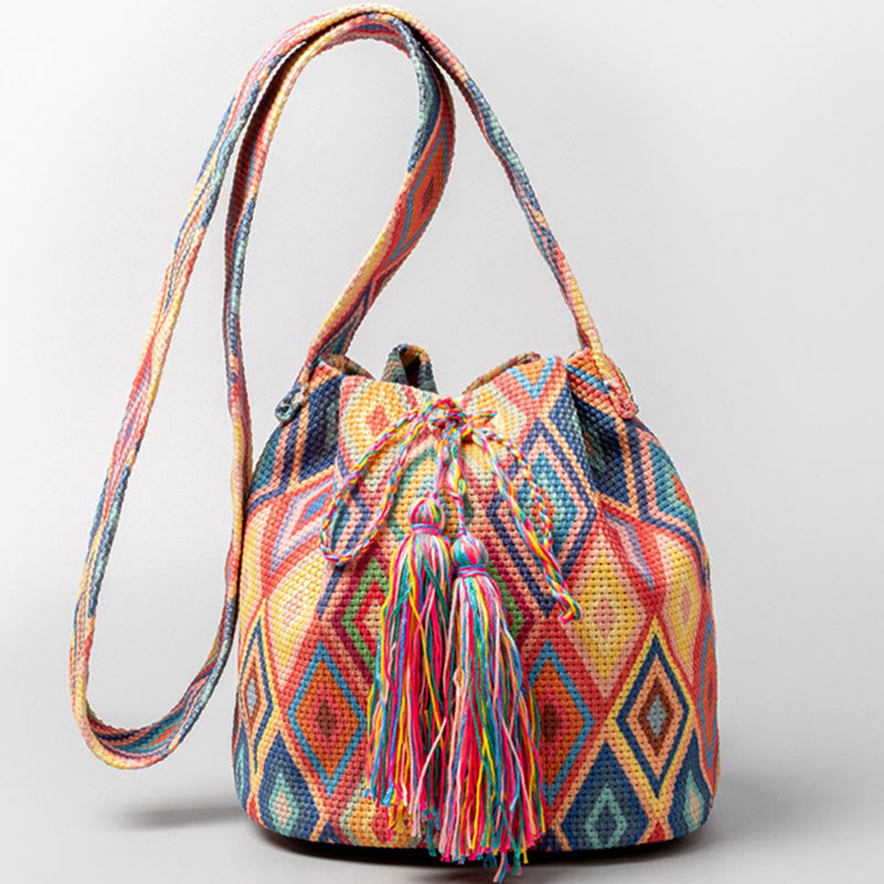 Sac seau en toile colorée avec imprimé géométrique et fleurs