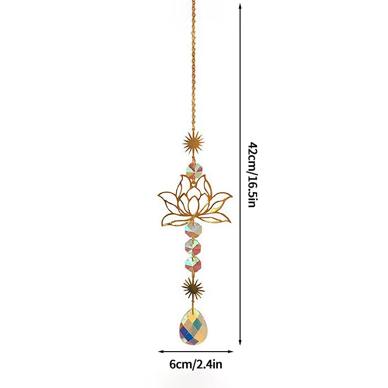 Decorative hanging crystal suncatcher with golden lotus and colorful beads wind chime