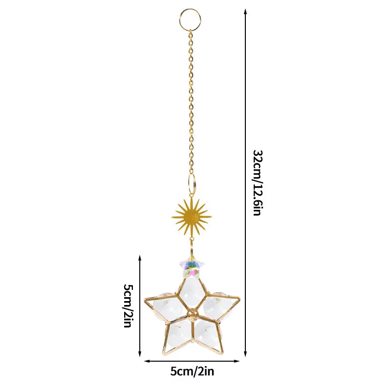 Gold-trimmed star pendant with sunburst accent on Colorful Crystal Suncatcher Wind Chime Spinner