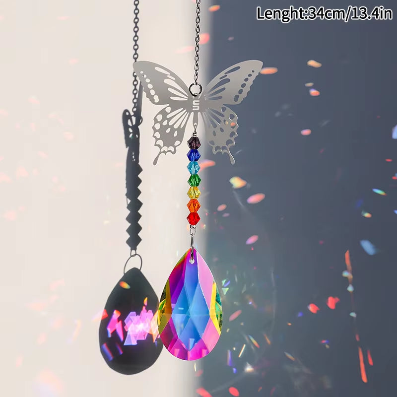 Hanging crystal butterfly suncatcher with rainbow beads and teardrop prisms