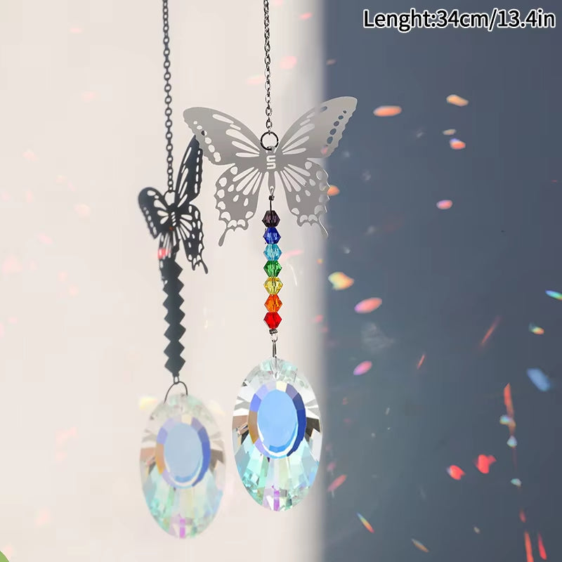 Crystal suncatcher wind chime spinner adorned with butterfly ornaments and rainbow beads