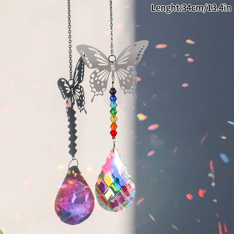 Colorful Crystal Suncatcher Wind Chime Spinner with butterfly ornaments and rainbow beads