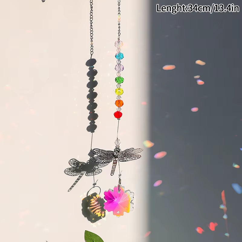 Colorful Crystal Suncatcher Wind Chime Spinner with Dragonfly and Flower Charms