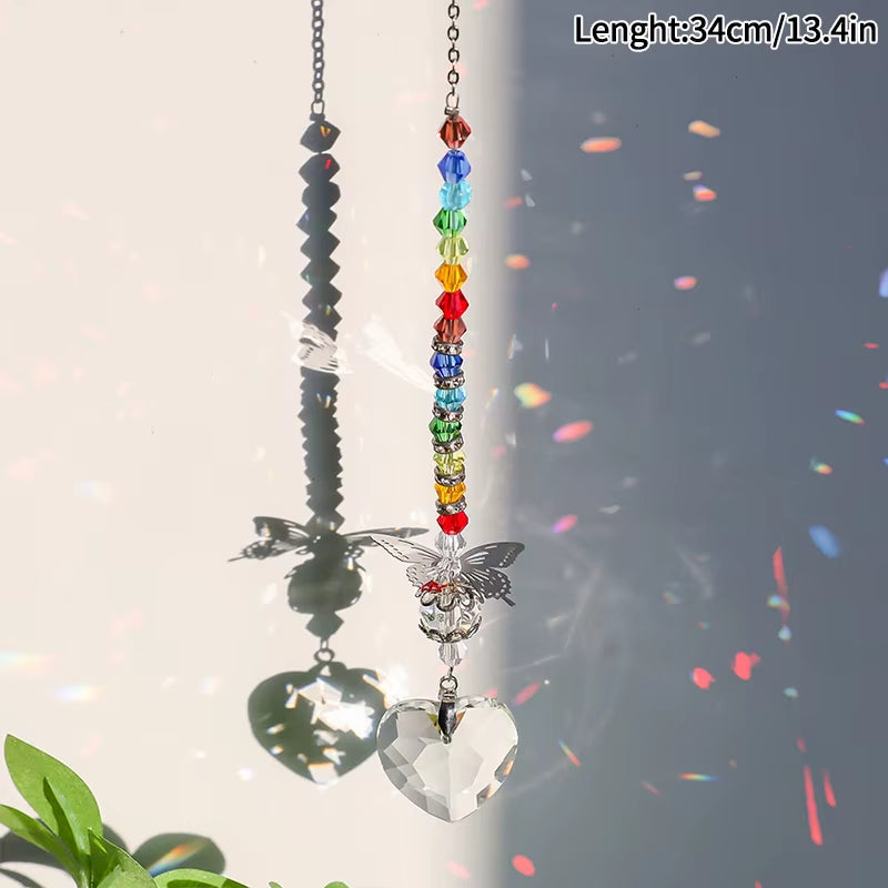 Crystal Suncatcher with Rainbow Beads and Heart-Shaped Prism Pendant for Wind Chime Spinner